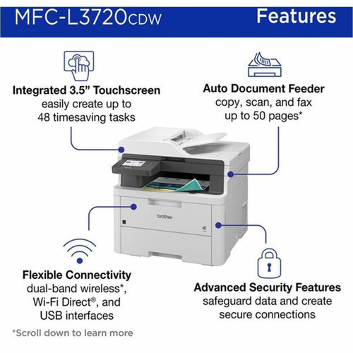 Brother MFC-L3720CDW Wireless Laser Multifunction Printer - Color - CopierFaxPrinterScanner - 19 ppm Mono19 ppm Color Print 2400 MFCL3720CDW