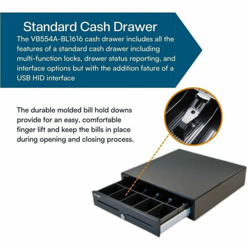 apg Genesis Cash Drawer - USD 5 Bill - 5 Coin - 2 Media Slot - 4 Lock Position - USB - Stainless Steel Plastic - Textured Black - x VB554A-BL1616
