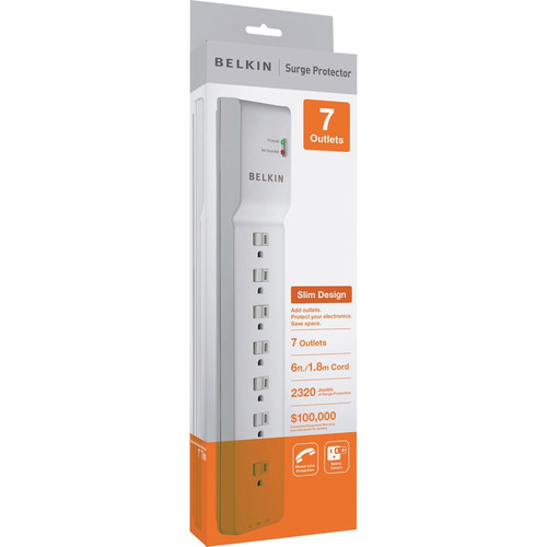 Belkin 7 Outlet Home/Office Surge Protector - 6 foot Cable - White -2160 Joules - 7 x AC Power - 1.88 kVA - 2320 J - 125 V AC Input - (Fleet Network)