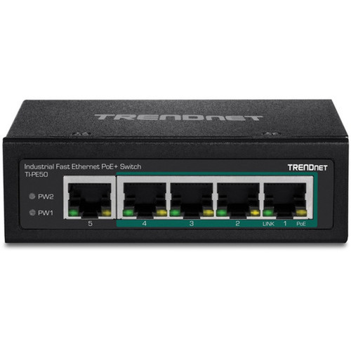 TRENDnet 5-Port Industrial Fast Ethernet DIN-Rail Switch 4 x Fast Ethernet PoE Ports 1 x Fast Ethernet Port 90W PoE Power Budget TI-PE50