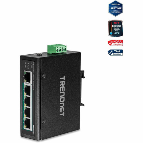 TRENDnet 5-Port Industrial Fast Ethernet DIN-Rail Switch 4 x Fast Ethernet PoE Ports 1 x Fast Ethernet Port 90W PoE Power Budget TI-PE50