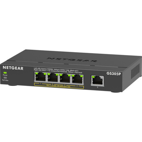 Netgear GS305P Ethernet Switch - 5 Ports - Gigabit Ethernet - 2 Layer Supported - 6678 W Power Consumption - 63 W PoE Budget - PoE - GS305P-300NAS