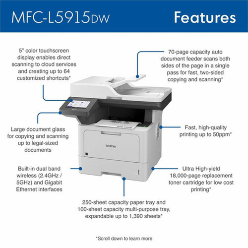 Brother MFCL5915DW Laser Multifunction Printer - Monochrome - 50 ppm Mono Print - 1200 x 1200 dpi Print - Automatic Duplex Print - Up MFCL5915DW