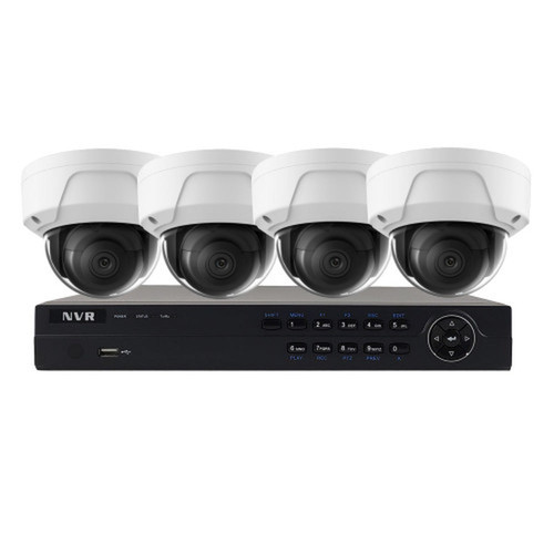 4-Channel IP NVR with 4K Resolution Integrated PoE Ports 2TB Purple Surveillance Grade Hard Drive 4x 8MP Dome IP Cameras 30m IR Range IP67 Rate 3x fixed 28mm lens and 1x fixed 6mm lens White - Security Camera Package