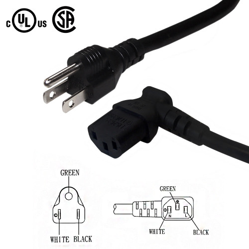 NEMA 5-15P to IEC C13 Right Angle Power Cable - SJT Jacket - 6ft - 18AWG