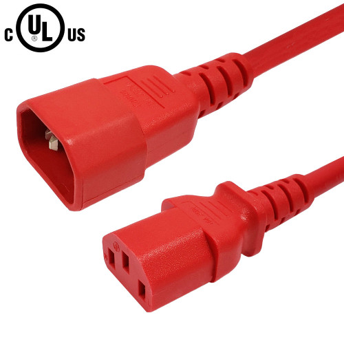 IEC C13 to IEC C14 Power Cable - SJT Jacket - 14AWG (15A 250V) - Red - 1ft