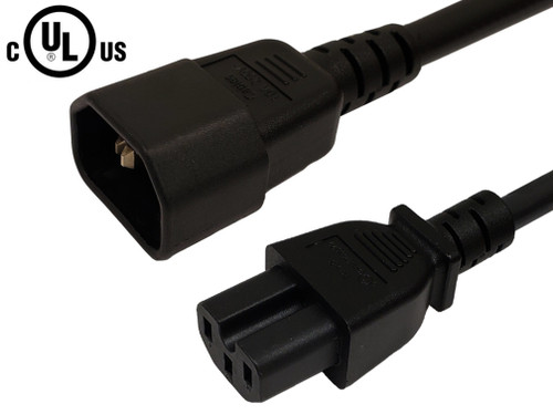 IEC C14 to IEC C15 Power Cable - 14AWG (15A 250V) - SJT Jacket - Black - 2ft