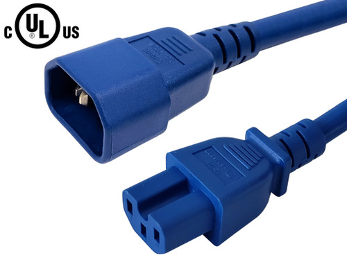 IEC C14 to IEC C15 Power Cable - 14AWG (15A 250V) - SJT Jacket - Blue - 6ft