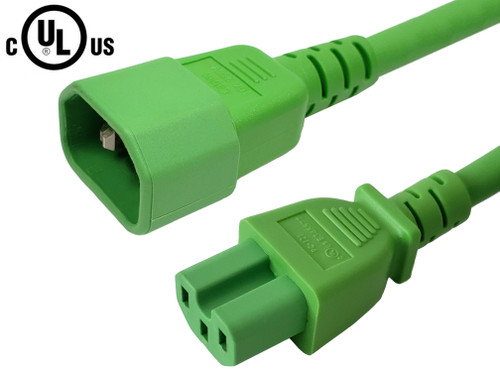 IEC C14 to IEC C15 Power Cable - 14AWG (15A 250V) - SJT Jacket - Green - 3ft