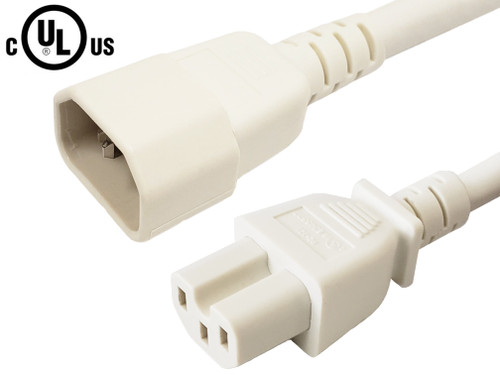 IEC C14 to IEC C15 Power Cable - 14AWG (15A 250V) - SJT Jacket - White - 2ft