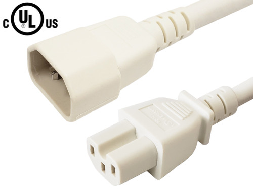 IEC C14 to IEC C15 Power Cable - 14AWG (15A 250V) - SJT Jacket - White - 3ft