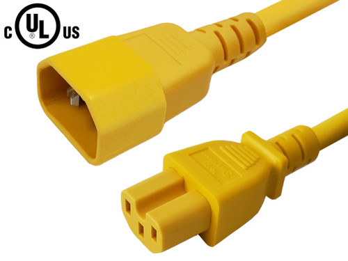 IEC C14 to IEC C15 Power Cable - 14AWG (15A 250V) - SJT Jacket - Yellow - 4ft