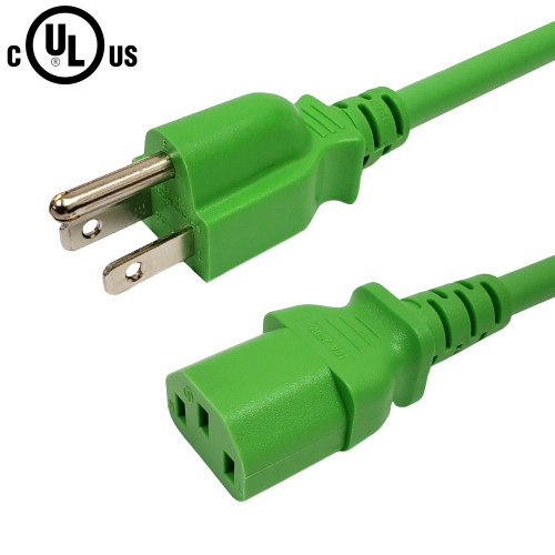 NEMA 5-15P to IEC C13 Power Cable - SJT Jacket - Green - 1ft - 18AWG