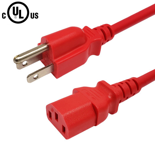 NEMA 5-15P to IEC C13 Power Cable - SJT Jacket - Red - 2ft - 18AWG