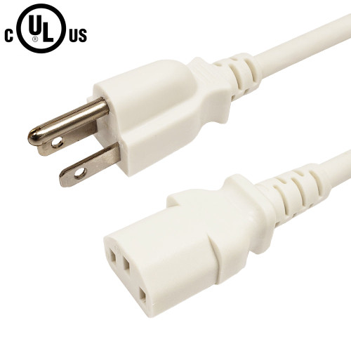 NEMA 5-15P to IEC C13 Power Cable - SJT Jacket - White - 4ft - 18AWG