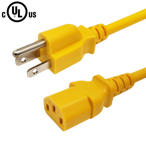 NEMA 5-15P to IEC C13 Power Cable - SJT Jacket - Yellow - 1ft - 18AWG