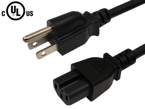 NEMA 5-15P to IEC C15 Power Cable - SJT Jacket - Black - 2ft