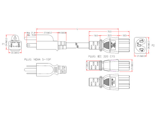 NEMA 5-15R to IEC C14 Power Cable - SJT Jacket - 3ft - 16AWG