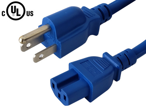 NEMA 5-15P to IEC C15 Power Cable - SJT Jacket - Blue - 12ft