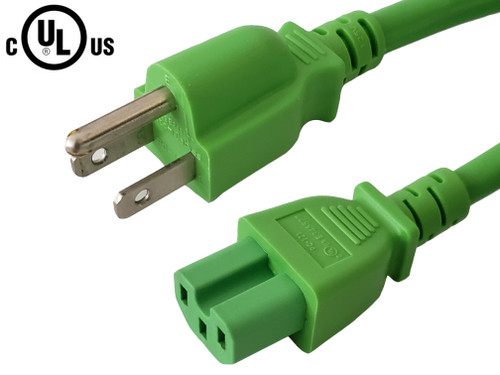 NEMA 5-15P to IEC C15 Power Cable - SJT Jacket - Green - 12ft
