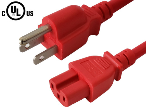 NEMA 5-15P to IEC C15 Power Cable - SJT Jacket - Red - 3ft