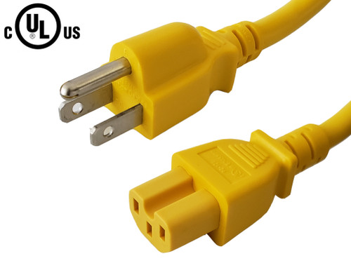 NEMA 5-15P to IEC C15 Power Cable - SJT Jacket - Yellow - 3ft