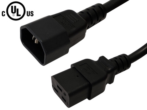 IEC C14 to IEC C19 Power Cable - 14AWG (15A 250V) - SJT Jacket - Black - 1ft