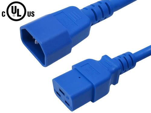 IEC C14 to IEC C19 Power Cable - 14AWG (15A 250V) - SJT Jacket - Blue - 3ft