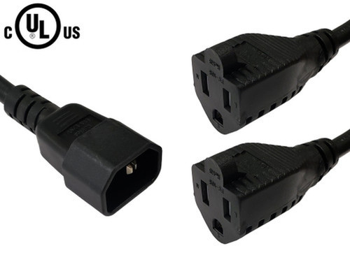 1ft IEC C14 to 2x NEMA 5-15R Power Splitter Cable - 16AWG 13A 125V - SJT