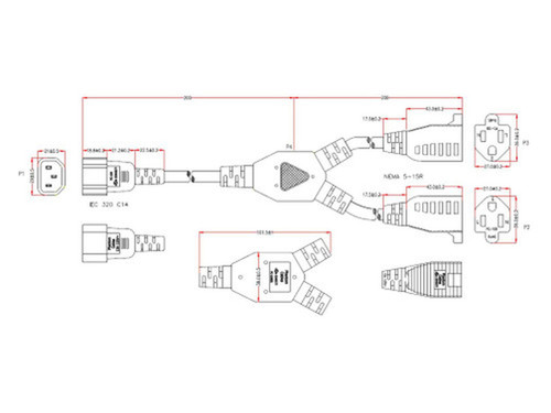 1ft IEC C14 to 2x NEMA 5-15R Power Splitter Cable - 16AWG 13A 125V - SJT