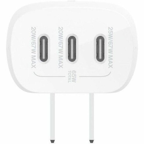 Belkin 67W Portable 3-Port USB-C Wall Charger - 3xUSB-C 67W Total - Fast Charging - Power Adapter - White - 67 W - White WCC002DQWH