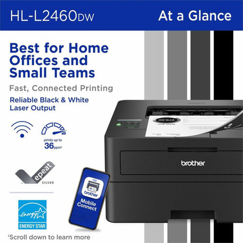 Brother HLL2460DW Desktop Wired Laser Printer - Monochrome - 36 ppm Mono - 1200 x 1200 dpi Print - Automatic Duplex Print - 250 Sheets HLL2460DW