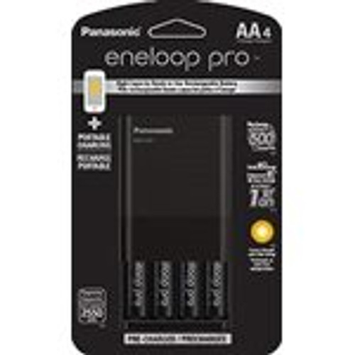 Panasonic Eneloop Charger with 4 AA Pro Rechargeable Batteries + USB Portable Charging (KKJ87KHA4BA)