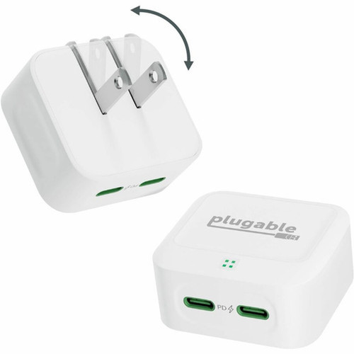 Plugable Dual USB C Charger Block 40W Foldable 2-Port Fast Charging Flat USB C Wall Charger - Power Delivery for iPhone 15 iPad PS-40C2W