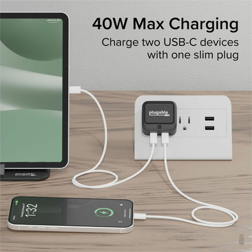 Plugable Dual USB C Wall Charger 40W Foldable 2-Port Flat USB C Fast Charger Block - USB-C Power Adapter for iPhone 15 iPad Samsung PS-40C2B