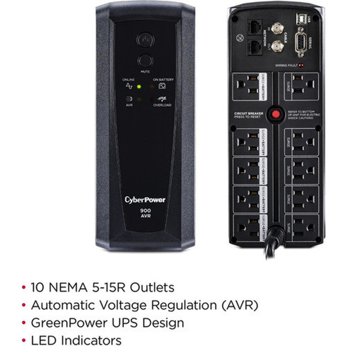 CyberPower UPS Systems CP900AVR AVR - 900 VA  560 W - 900VA560W UPS 10 x NEMA 5-15R OUTLETS NEMA 5-15P PLUG W6FT CORD AVR RJ45 CP900AVR
