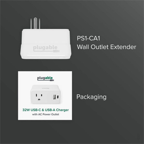 Plugable Wall Outlet Extender with 1x USB-C and 1x USB 32W USB C Charger Block - USBC Fast Charger for iPhone 1314 Travel Home PS1-CA1