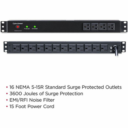 CyberPower Rackbar Surge Suppressor RM 1U RKBS15S4F12R 15A 16-Outlet - 16 x NEMA 5-15R - 3600 J - 120 V AC Input - 120 V AC Output - RKBS15S4F12R
