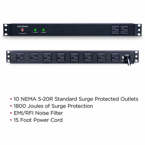 CyberPower Rackbar Surge Suppressor RM 1U RKBS20S2F8R 20A 10-Outlet - 10 x NEMA 5-20R - 1800 J - 120 V AC Input - 120 V AC Output - 15 RKBS20S2F8R