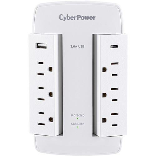 CyberPower Professional 6-Outlet Surge SuppressorProtector - 6 x NEMA 5-15R 2 x USB - 900 J - 125 V AC Input - 45 kA CSP600WSURC5