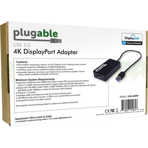Plugable USB 30 4K DisplayPort Adapter for Multiple Monitors - 1 Pack - USB 30 - 1 x DisplayPort Digital AudioVideo Female - 3840 x UGA-4KDP