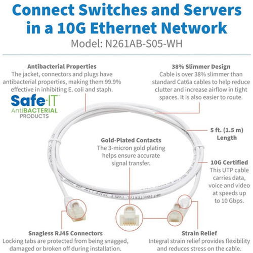 Tripp Lite Safe-IT N261AB-S05-WH Cat6a UTP Network Cable - 5 ft Category 6a Network Cable for Network Device Patch Panel Switch - N261AB-S05-WH