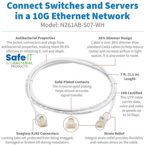 Tripp Lite Safe-IT N261AB-S07-WH Cat6a UTP Network Cable - 7 ft Category 6a Network Cable for Network Device Patch Panel Switch - N261AB-S07-WH