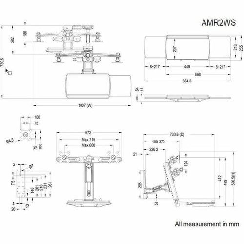 Amer Mounts Single Arm Wall Mount Workstation Dual Display and Keyboard Supports Flat Panel Size up to 24 AMR2WS - Dual Wall Cable AMR2WS