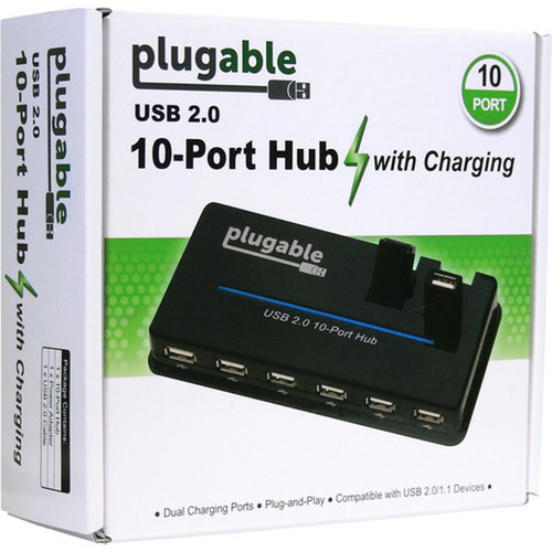 Plugable USB Hub 10 Port - USB 20 with 20W Power Adapter and Two Flip-Up Ports - USB 20 Type A - External - 10 USB Ports - 10 USB USB2-HUB10C2