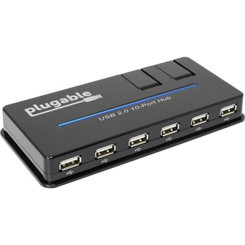 Plugable USB Hub 10 Port - USB 20 with 20W Power Adapter and Two Flip-Up Ports - USB 20 Type A - External - 10 USB Ports - 10 USB USB2-HUB10C2