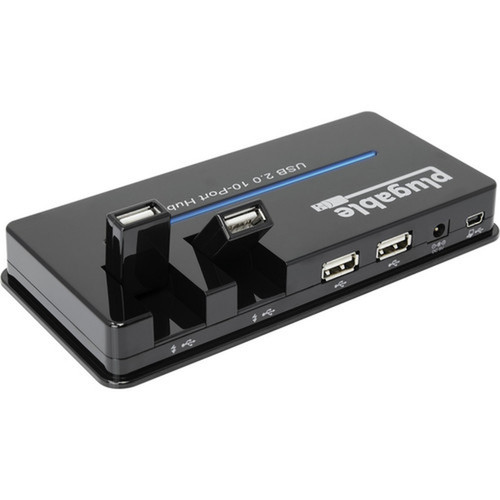 Plugable USB Hub 10 Port - USB 20 with 20W Power Adapter and Two Flip-Up Ports - USB 20 Type A - External - 10 USB Ports - 10 USB USB2-HUB10C2