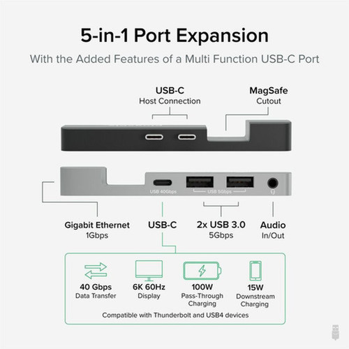 Plugable 5-in-1 USB C Hub Multiport Adapter for MacBook Pro 1416 Inch and Macbook Air M2 designed for Magsafe - Supports Magsafe 2x AMS-5IN1E