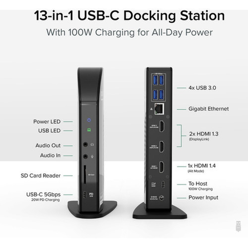 Plugable USB-C Triple Display Docking Station with Charging Support Power Delivery for Specific Windows USB Type-C and Thunderbolt 3 - UD-ULTCDL