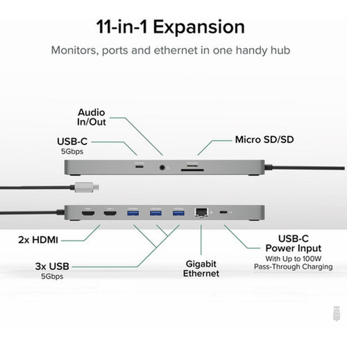 Plugable USB-C 11-IN-1 Hub With Ethernet - for Desktop PCNotebookMonitor - Memory Card Reader - SD microSD - 100 W - USB 30 Type C USBC-11IN1E